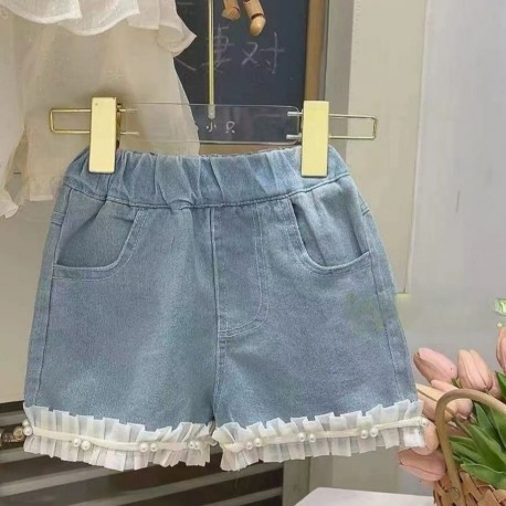 Light Blue Pearls Ruffle Denim Pants