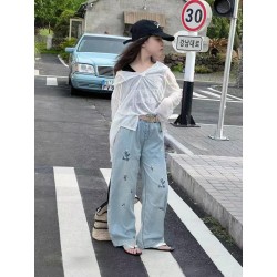 White Flowers Embroidery Denim Pants(no belt)