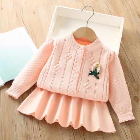 Pink Cable Knit Top Set Skirt