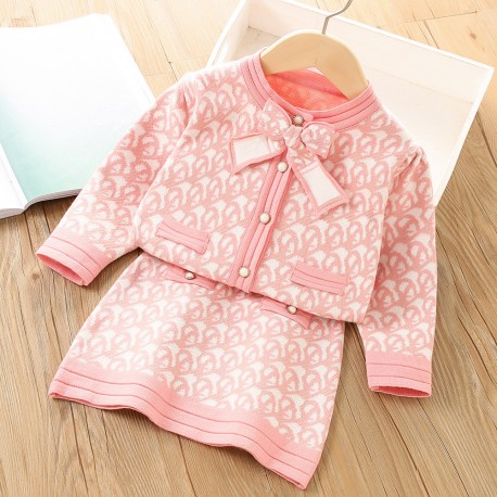 Pink Circle Ribbon Knit Top Set Skirt