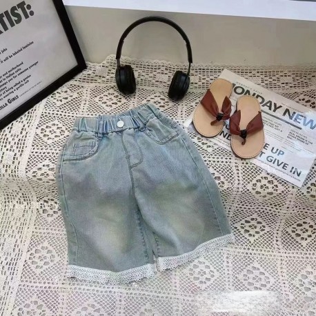 White Lace Denim Midi Shorts