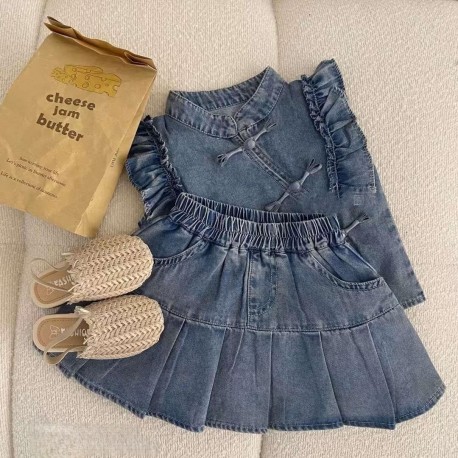 Blue Cheongsam Denim Top Set Denim Skirt