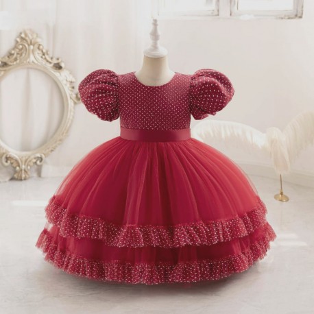 Red Dots Puffy Sleeve Tulle Dress