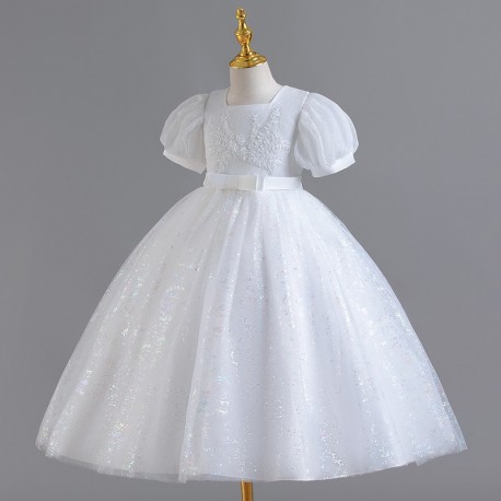 White Sparkle Puffy Sleeve Dress