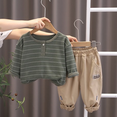Army Stripes Long Sleeve Top Set Brown Pants