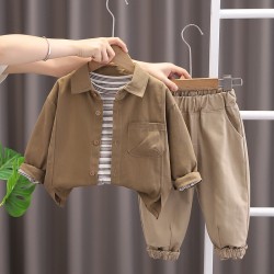 3in1 Brown LS Shirt Set White Stripe Top and Beige Pants