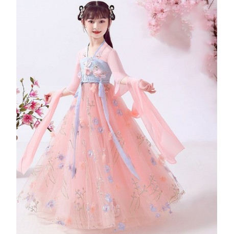 Peach Blue Cheongsam 3D Flowers Dress+Shawl
