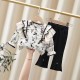 White Black Little Floral Lace Top Set Pants