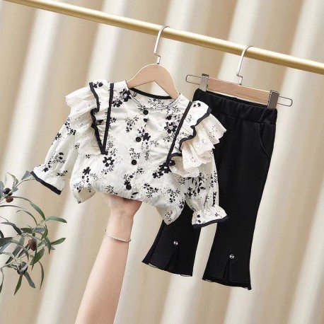 White Black Little Floral Lace Top Set Pants