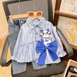 Light Blue Cat Stripe Top Set Denim Pants
