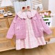 Pink Floral Collar dress Set Knit Ribbon Cardigan