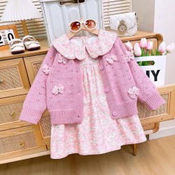 Pink Floral Collar dress Set Knit Ribbon Cardigan