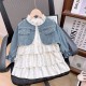 Cream Floral Dress Set Denim Jacket