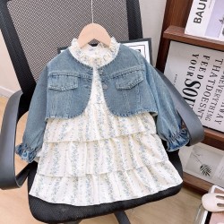 Cream Floral Dress Set Denim Jacket