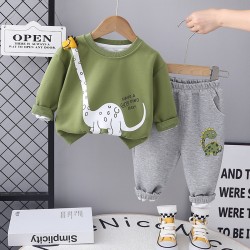 Green Dinosaur Top Set Grey Pants