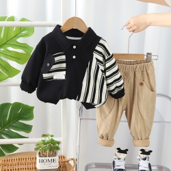 Black Stripe Top Set Brown Pants