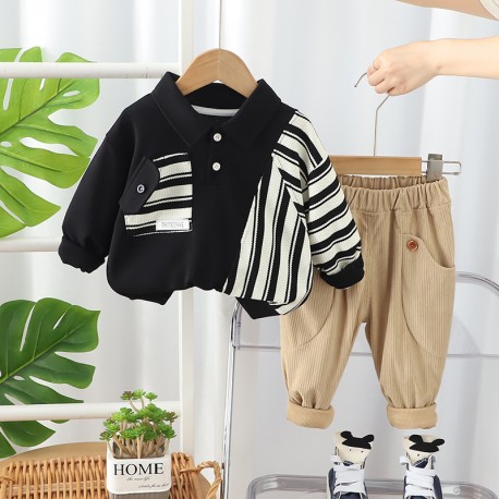 Black Stripe Top Set Brown Pants