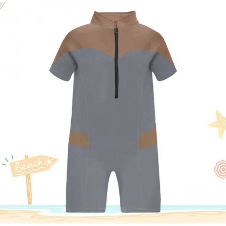 Brown Grey One Piece Short Swimsuit