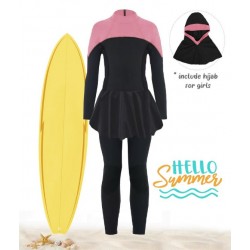 Pink Black One Piece Long Swimsuit+Hijab