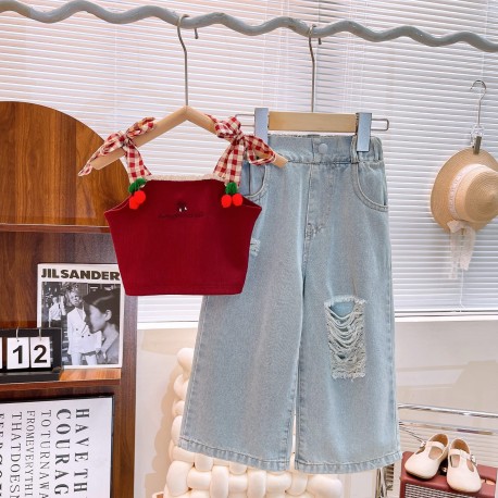 Cherry Checkered Top Set Wide Pants