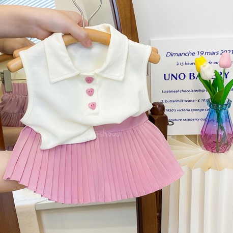 White Pink Button Top Set Pink Pleated Skirt