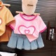 Pink Heart T-Shirt Set Denim Pleated Skirt