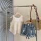 3in1 Cream Tank Set Lace Outer Set Ripped Denim Pants