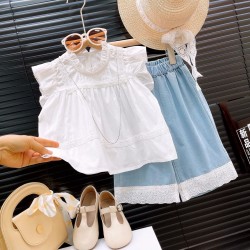 White Top Set Denim Lace Wide Pants