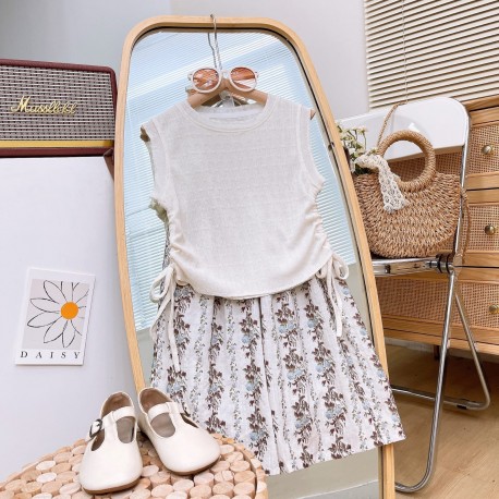 White Drawstring Top Set Floral Wide Pants