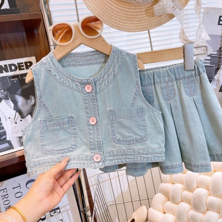 Denim Pink Button Top Set Denim Skirt