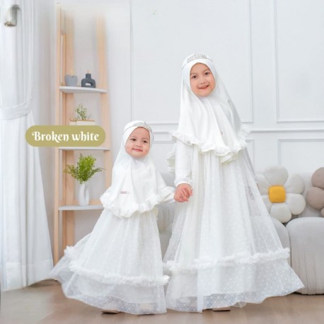 Broken White Dots Tulle Ruffle Gamis