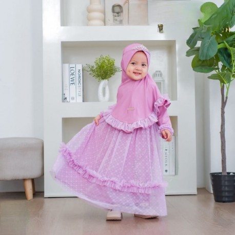 Lavender Dots Tulle Ruffle Gamis