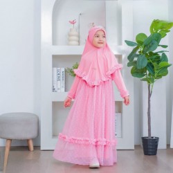 Pink Dots Tulle Ruffle Gamis