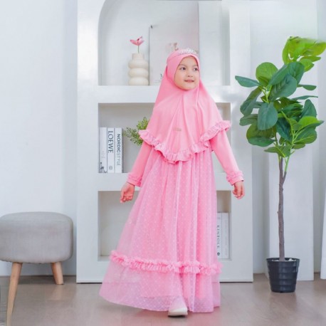 Pink Dots Tulle Ruffle Gamis