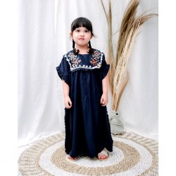 Navy Embroidery Pompom Kaftan Dress