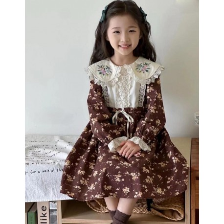 Brown Floral Cream Embroidery Lace Dress