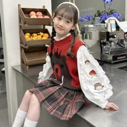 3in1 White Embroidery Top, Knit Bear Vest Set Pleated Skirt