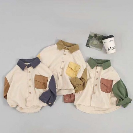 Green Brown Three Colour Pocket Long Sleeve Shirt
