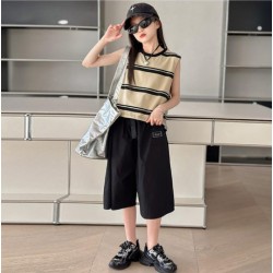 Cream Stripe Top Set Black Pants
