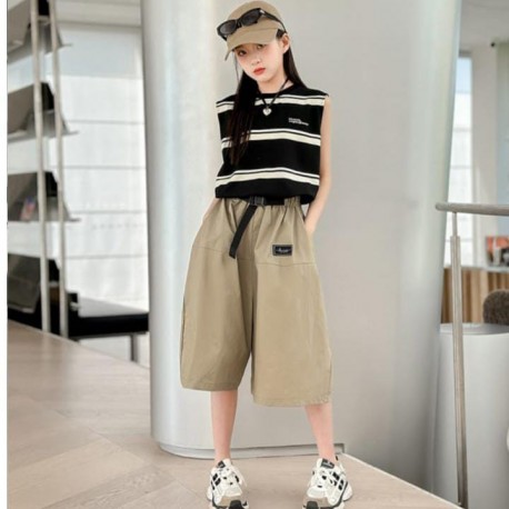 Black Stripe Top Set Cream Pants
