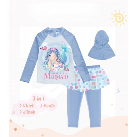 3in1 Blue Little Mermaid Swimsuit Set + Hijab
