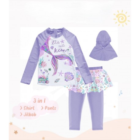 3in1 Purple Dive into Ocean Swimsuit Set + Hijab