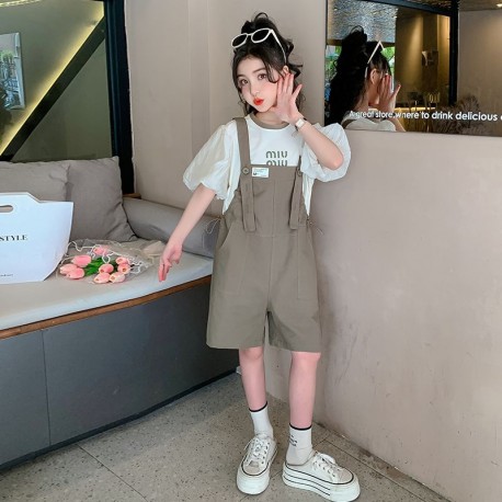 White Puffy Sleeve Top Set Taupe Overalls