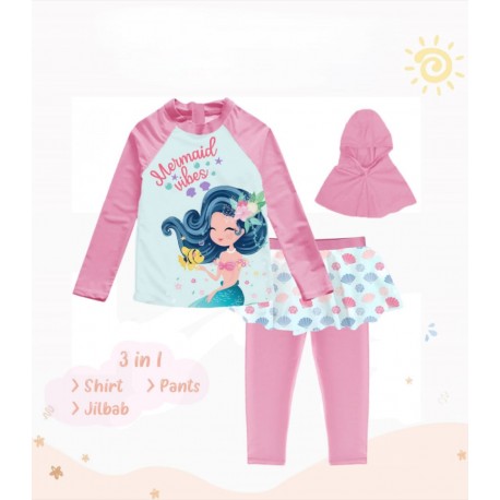 3in1 Pink Mermaid Vibes Swimsuit Set + Hijab