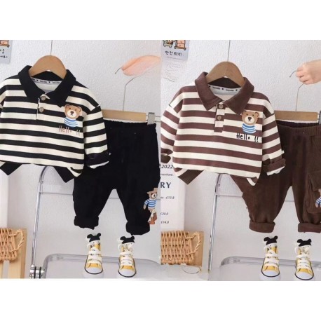 Brown Stripe Bear Top Set Pants