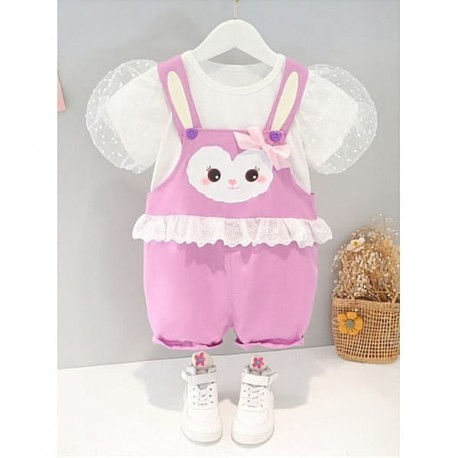 Purple Lace Bunny Overall Set White Puffy Top