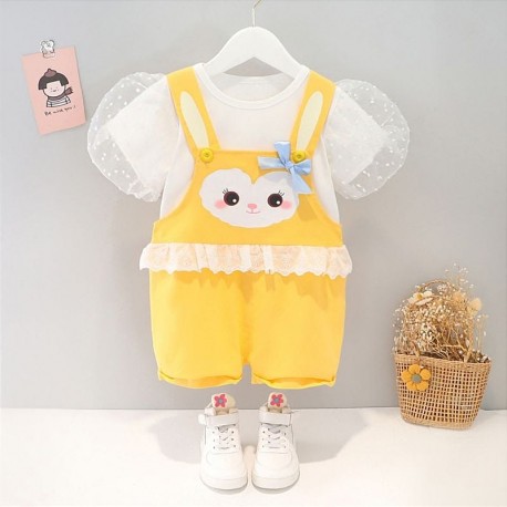 Yellow Lace Bunny Overall Set White Puffy Top