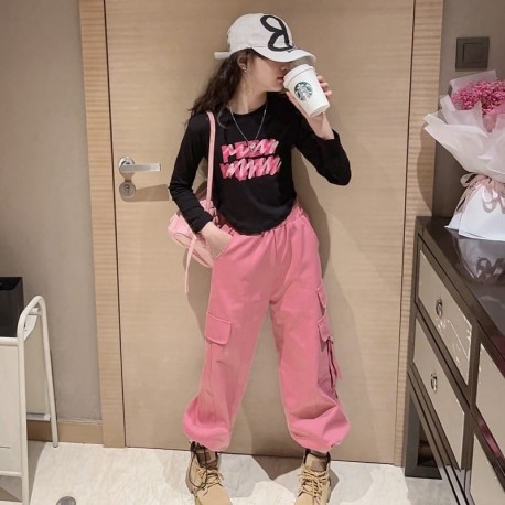 Black Pink Top Set Pink Cargo Pants