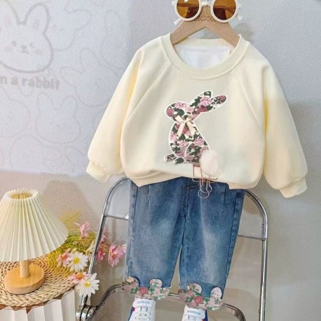 Cream Floral Rabbit Top Set Denim Pants