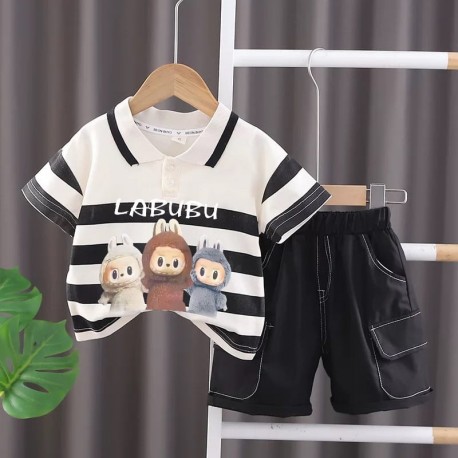 White Black Stripe L@bubu Set Short Pants